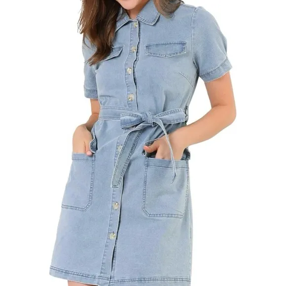 NEW Denim Belted Shirtdress Western Y2K Chambray Jean Spring Easter Dress Large