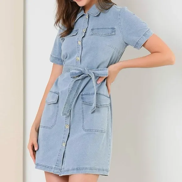 NEW Denim Belted Shirtdress Western Y2K Chambray Jean Spring Easter Dress Large