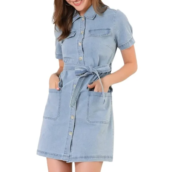 NEW Denim Belted Shirtdress Western Y2K Chambray Jean Spring Easter Dress Large
