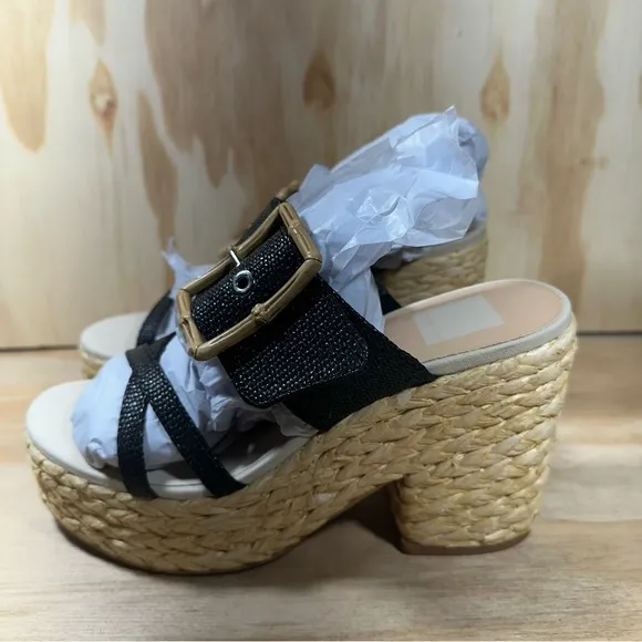 New Dolce Vita Edwina Raffia Platform Black Wedge Sandals Women’s Size 7.5