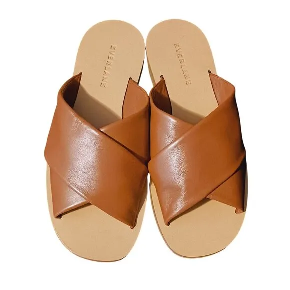 NEW Everlane The Day Crossover Leather Flat Slide Sandals in Sienna Brown Size 5