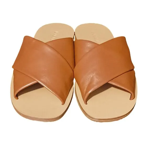 NEW Everlane The Day Crossover Leather Flat Slide Sandals in Sienna Brown Size 5