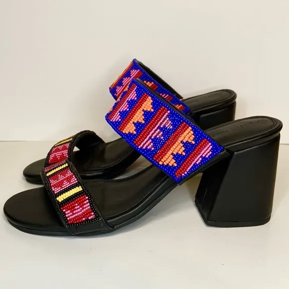 New Farm Rio Black Leather Beaded Block Heels Sandals Size 7