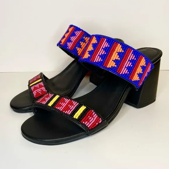 New Farm Rio Black Leather Beaded Block Heels Sandals Size 7