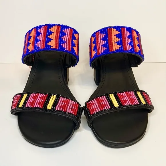 New Farm Rio Black Leather Beaded Block Heels Sandals Size 7