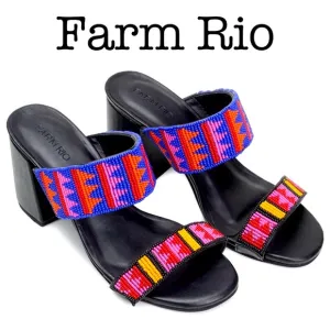 New Farm Rio Black Leather Beaded Block Heels Sandals Size 7