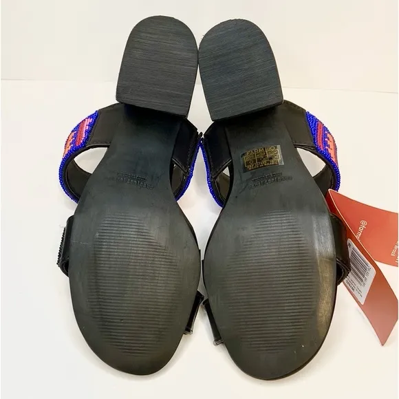 New Farm Rio Black Leather Beaded Block Heels Sandals Size 7