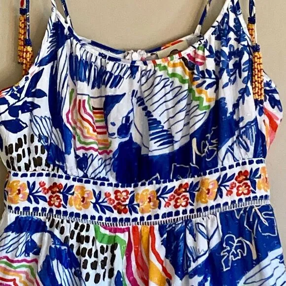 NEW FARM Rio Blue Wild Brazil Mini Dress Beaded Tassel Tie Shoulder Tropical XL