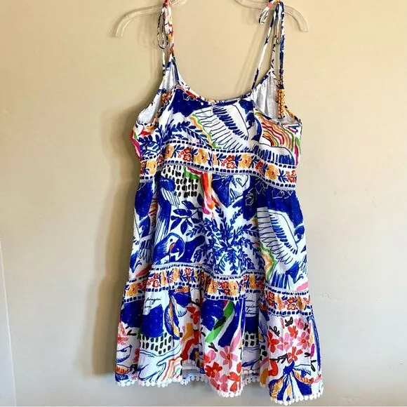 NEW FARM Rio Blue Wild Brazil Mini Dress Beaded Tassel Tie Shoulder Tropical XL