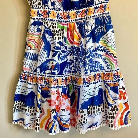 NEW FARM Rio Blue Wild Brazil Mini Dress Beaded Tassel Tie Shoulder Tropical XL