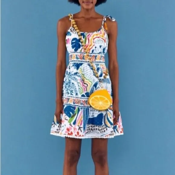 NEW FARM Rio Blue Wild Brazil Mini Dress Beaded Tassel Tie Shoulder Tropical XL