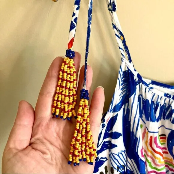 NEW FARM Rio Blue Wild Brazil Mini Dress Beaded Tassel Tie Shoulder Tropical XL