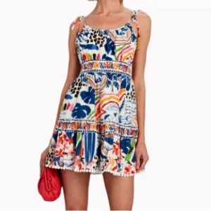 NEW FARM Rio Blue Wild Brazil Mini Dress Beaded Tassel Tie Shoulder Tropical XL