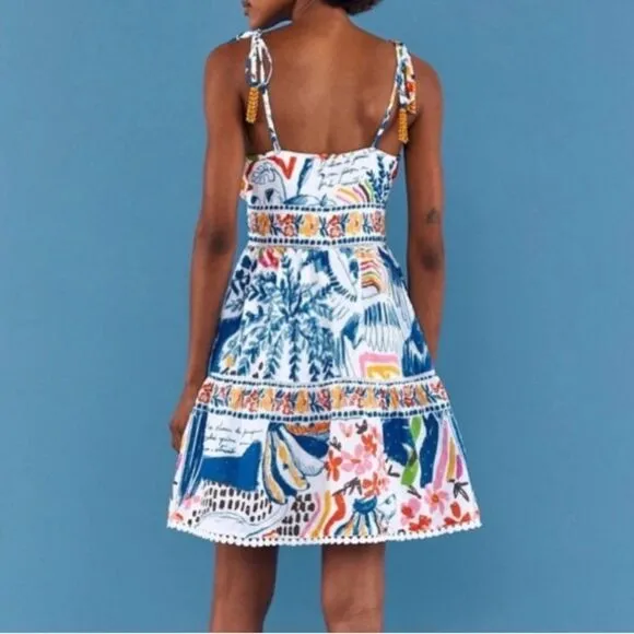 NEW FARM Rio Blue Wild Brazil Mini Dress Beaded Tassel Tie Shoulder Tropical XL