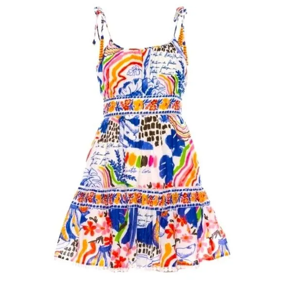 NEW FARM Rio Blue Wild Brazil Mini Dress Beaded Tassel Tie Shoulder Tropical XL