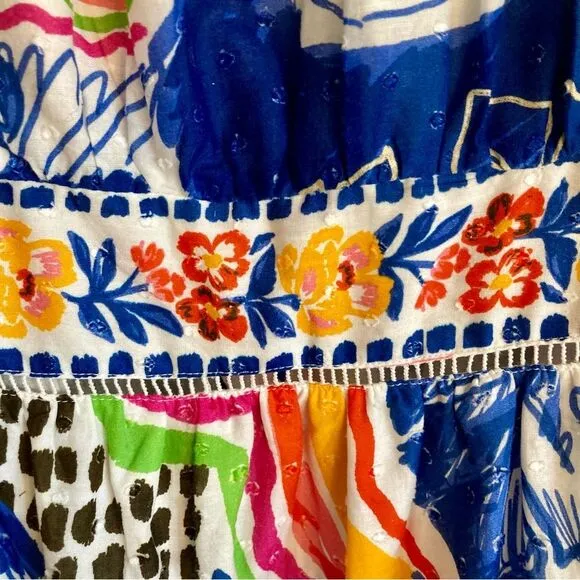 NEW FARM Rio Blue Wild Brazil Mini Dress Beaded Tassel Tie Shoulder Tropical XL