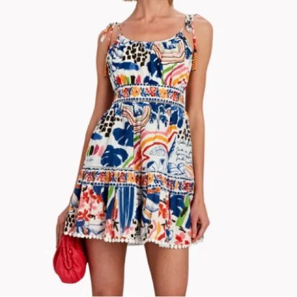 NEW FARM Rio Blue Wild Brazil Mini Dress Beaded Tassel Tie Shoulder Tropical XL