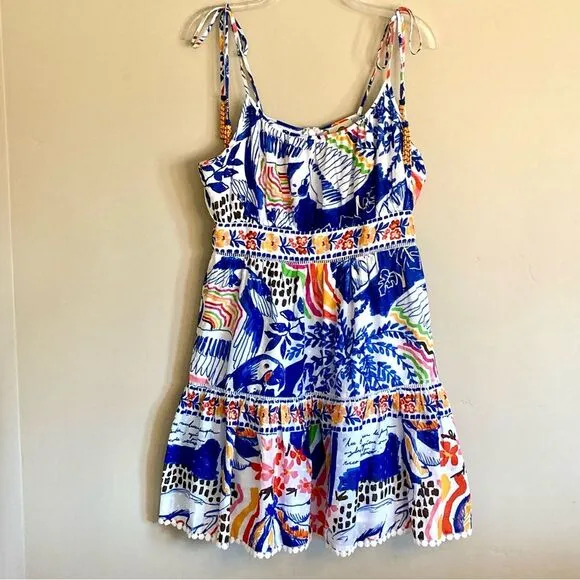 NEW FARM Rio Blue Wild Brazil Mini Dress Beaded Tassel Tie Shoulder Tropical XL