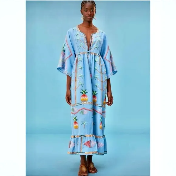 NEW FARM Rio Embroidered Pineapple Maxi Dress Beaded Tassel Linen Blue Size M