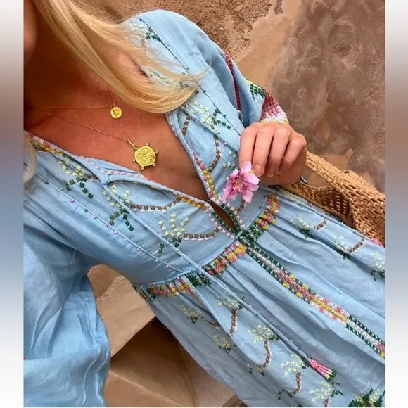 NEW FARM Rio Embroidered Pineapple Maxi Dress Beaded Tassel Linen Blue Size M