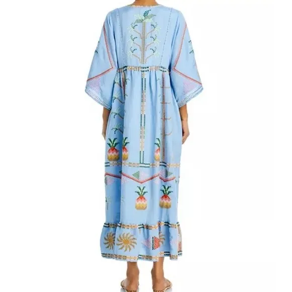 NEW FARM Rio Embroidered Pineapple Maxi Dress Beaded Tassel Linen Blue Size M