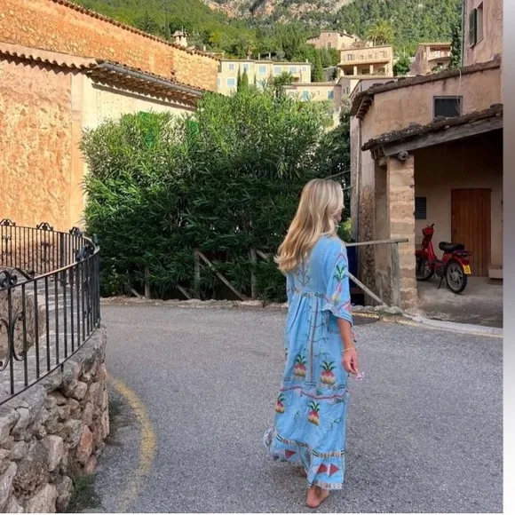 NEW FARM Rio Embroidered Pineapple Maxi Dress Beaded Tassel Linen Blue Size M