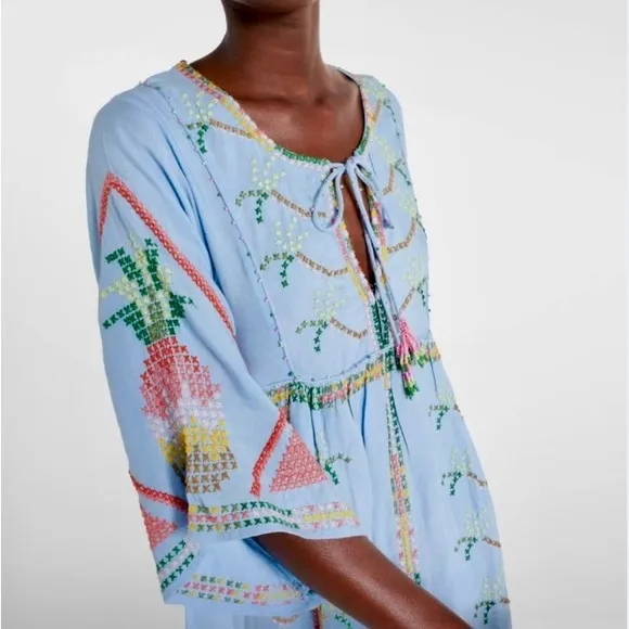 NEW FARM Rio Embroidered Pineapple Maxi Dress Beaded Tassel Linen Blue Size M
