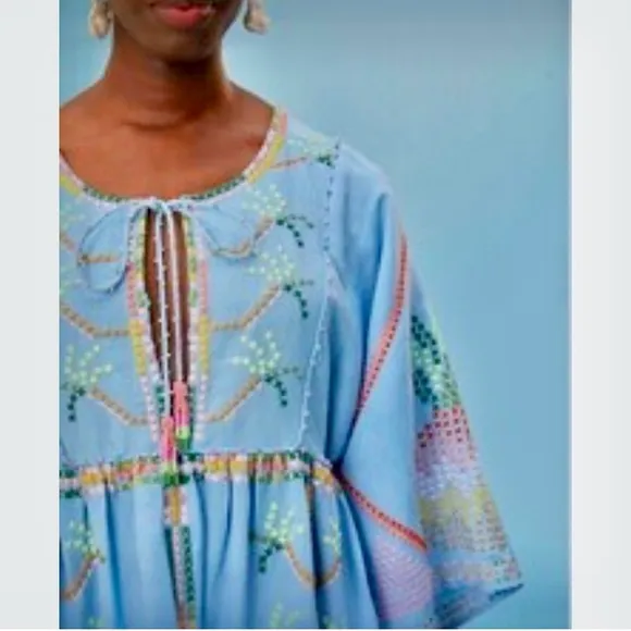 NEW FARM Rio Embroidered Pineapple Maxi Dress Beaded Tassel Linen Blue Size M