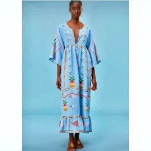 NEW FARM Rio Embroidered Pineapple Maxi Dress Beaded Tassel Linen Blue Size M