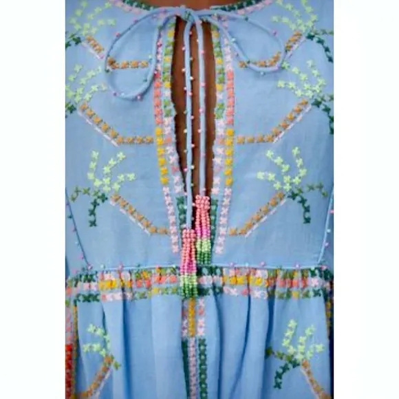 NEW FARM Rio Embroidered Pineapple Maxi Dress Beaded Tassel Linen Blue Size M
