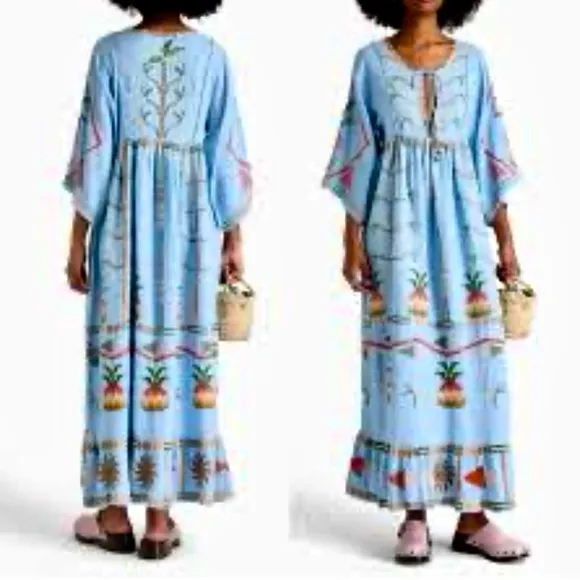 NEW FARM Rio Embroidered Pineapple Maxi Dress Beaded Tassel Linen Blue Size M