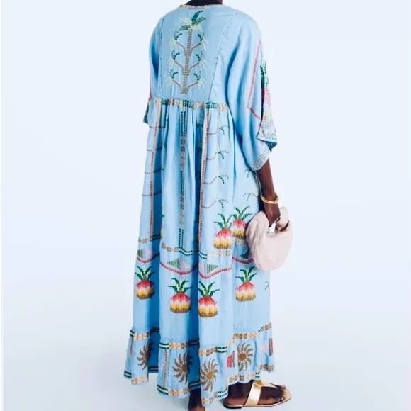 NEW FARM Rio Embroidered Pineapple Maxi Dress Beaded Tassel Linen Blue Size M