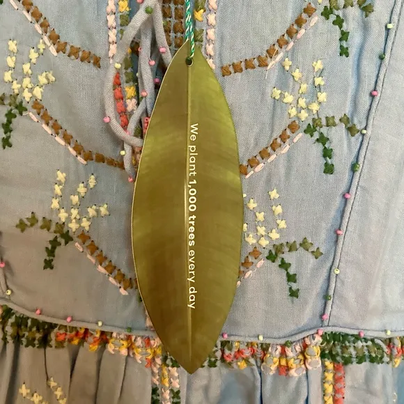 NEW FARM Rio Embroidered Pineapple Maxi Dress Beaded Tassel Linen Blue Size M
