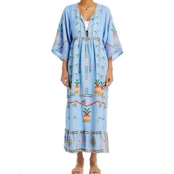 NEW FARM Rio Embroidered Pineapple Maxi Dress Beaded Tassel Linen Blue Size M