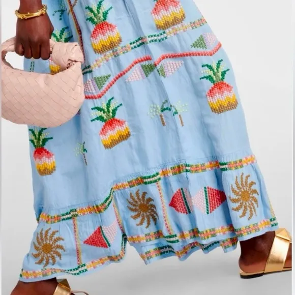 NEW FARM Rio Embroidered Pineapple Maxi Dress Beaded Tassel Linen Blue Size M