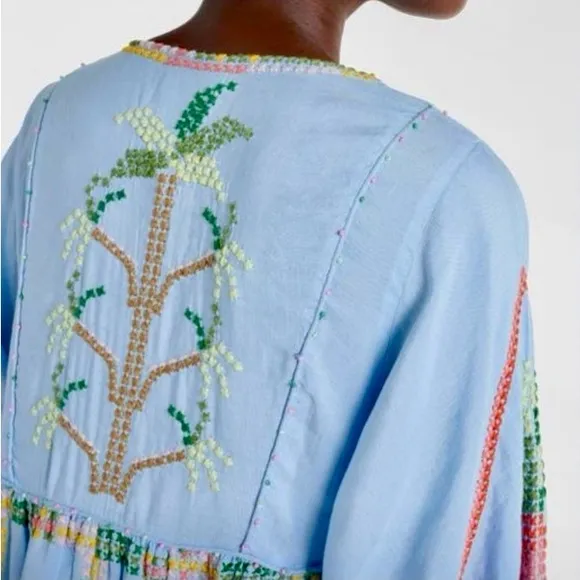 NEW FARM Rio Embroidered Pineapple Maxi Dress Beaded Tassel Linen Blue Size S