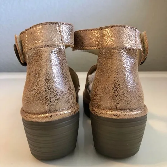 New FLY LONDON Yehi Luna Platform Wedge Sandal Metallic Rose Gold 7 MSRP $220