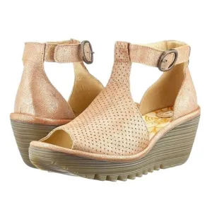 New FLY LONDON Yehi Luna Platform Wedge Sandal Metallic Rose Gold 7 MSRP $220