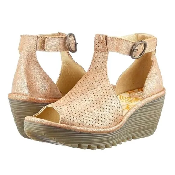 New FLY LONDON Yehi Luna Platform Wedge Sandal Metallic Rose Gold 7 MSRP $220