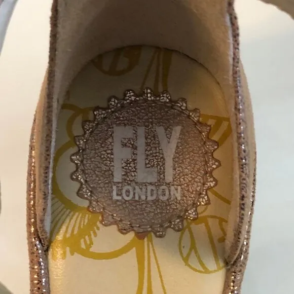 New FLY LONDON Yehi Luna Platform Wedge Sandal Metallic Rose Gold 7 MSRP $220
