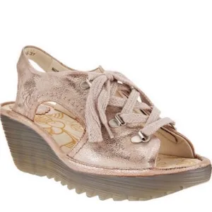 NEW Fly London YLFA Luna Wedge Sandals Metallic Blush Pink-Tinted Tan
