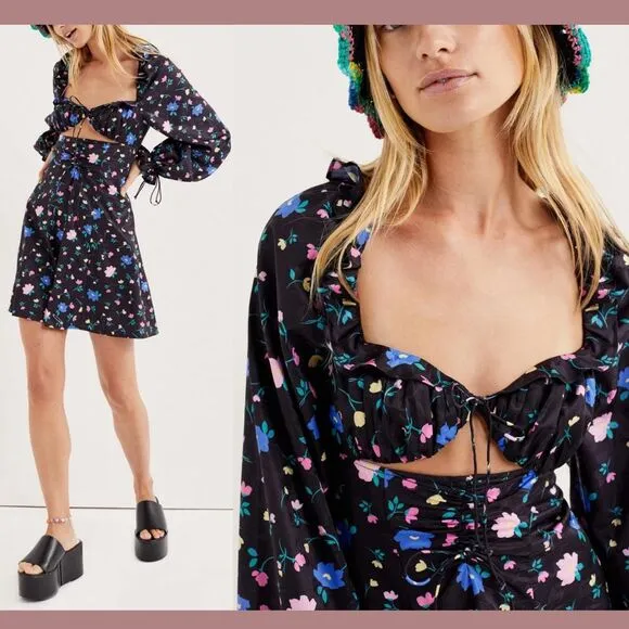 NEW For Love &amp; Lemons [ XS ] Lexy Long Sleeve Mini‎ Dress Floral Black #6295