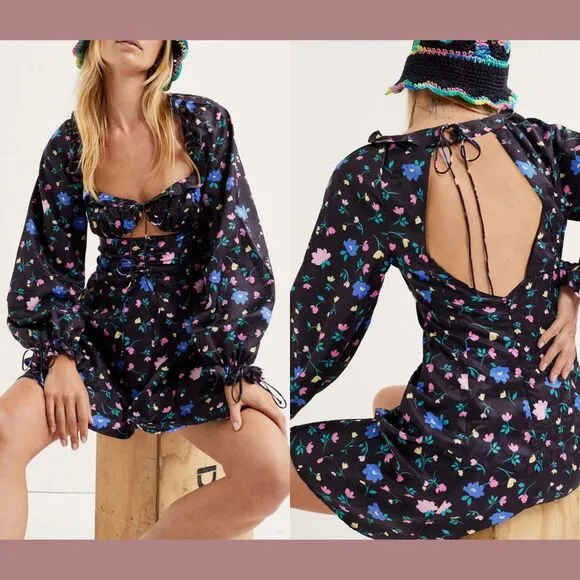 NEW For Love &amp; Lemons [ XS ] Lexy Long Sleeve Mini‎ Dress Floral Black #6295
