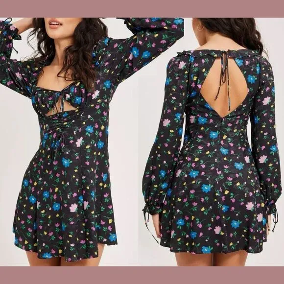 NEW For Love &amp; Lemons [ XS ] Lexy Long Sleeve Mini‎ Dress Floral Black #6295