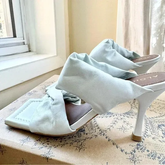 New Free People Alohas Natasha Puffy Mule Heel Sandals Leather in White