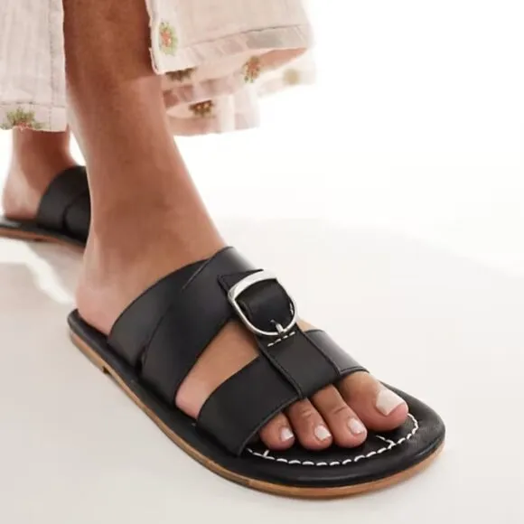 NEW Free People Sloan Buckle Flat Sandals - Leather Stormy Sea For Women 252