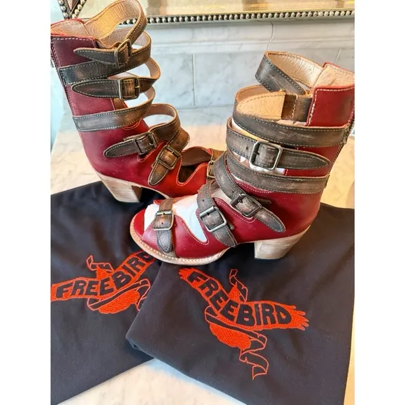 NEW FREEBIRD BY STEVEN BOND RED MULTI SANDALS BOOTIES HEELS MINT CONDITION RARE!
