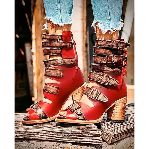 NEW FREEBIRD BY STEVEN BOND RED MULTI SANDALS BOOTIES HEELS MINT CONDITION RARE!