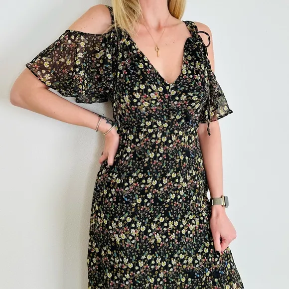 New French Connection Crinkle Floral Cold Shoulder Maxi Dress Boho