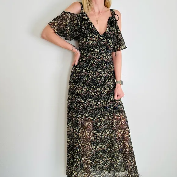 New French Connection Crinkle Floral Cold Shoulder Maxi Dress Boho
